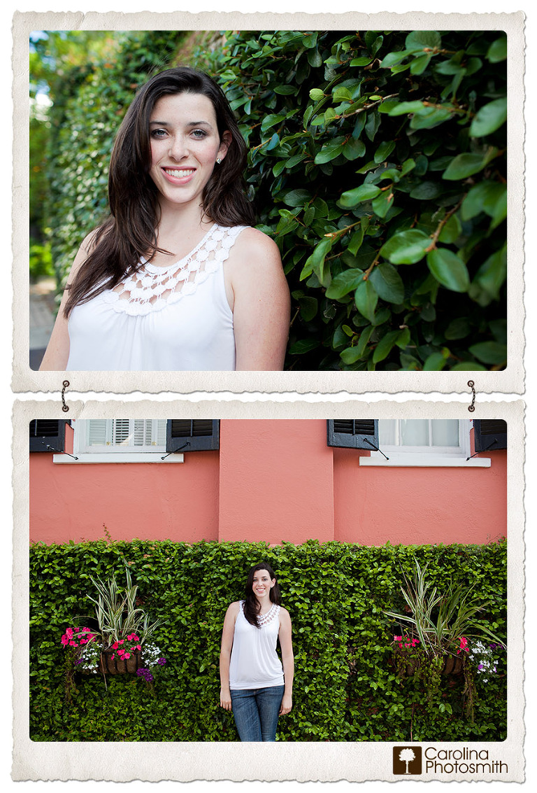 Ivy-covered walls and window boxes make perfect backdrops for senior portraits in historic Charleston