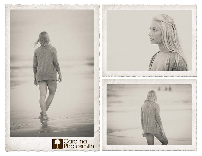 Senior portraits of girl wading in the ocean. Soft, velvety black and whites by Carolina Photosmith.