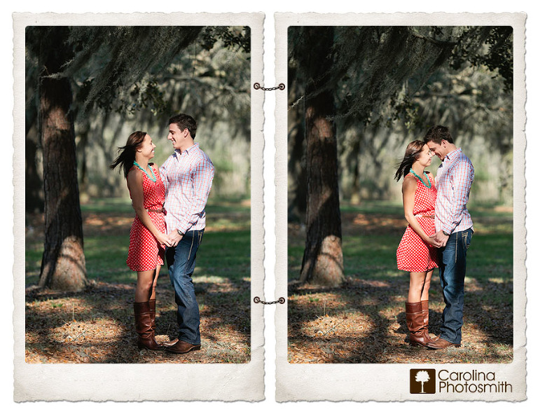 Engagement photos in dappled light beneath mossy oaks on a Charleston plantation