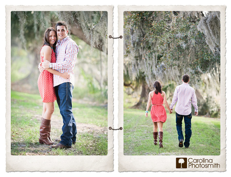 Colorful plantation engagement session beneath mossy oaks at Boone Hall Plantation