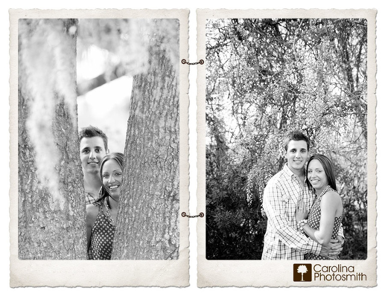 Charleston engagement photos with moss-draped oaks and wisteria vines
