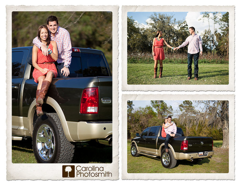 Groom shows off his favorites - beautiful fiancee and shiny truck at Boone Hall Plantation