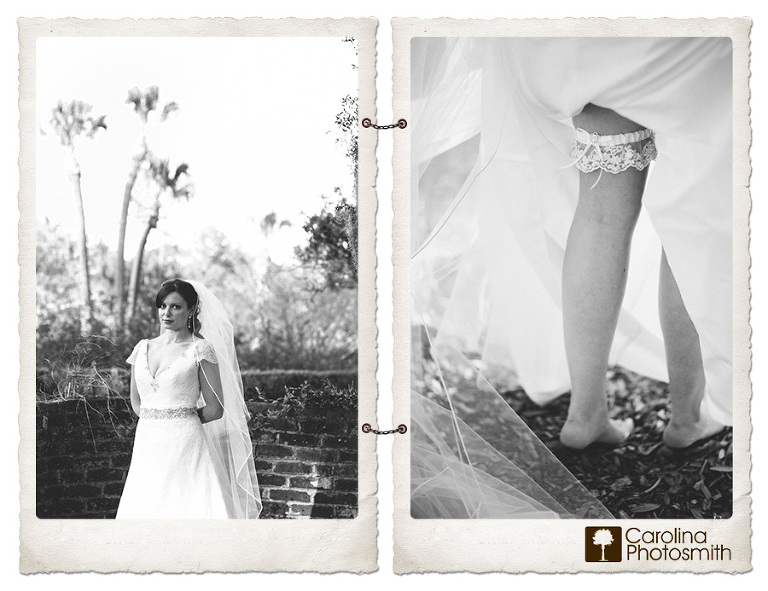 Poised bride barefoot in her lace gown at a Lowcountry plantation. Southern elegance personified by Carolina Photosmith.