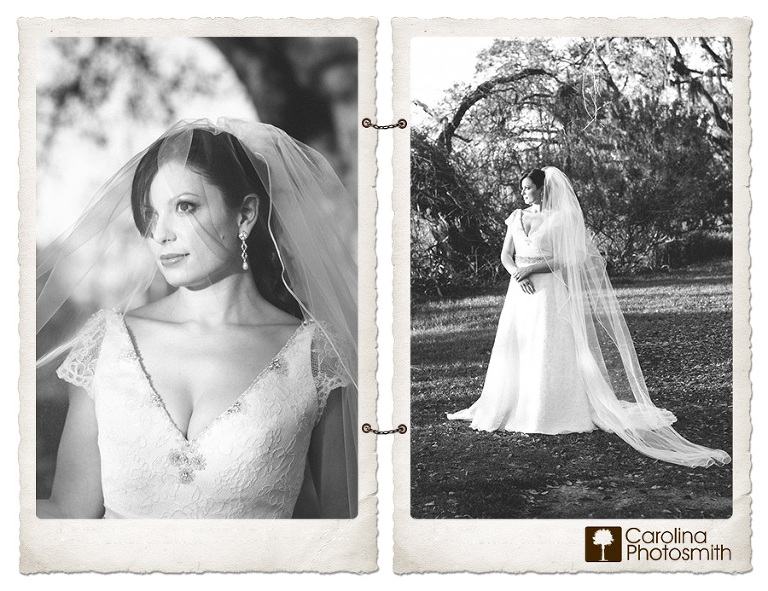 Elegant black-and-white bridal portraiture. Timeless beauty at Boone Hall Plantation by Carolina Photosmith.
