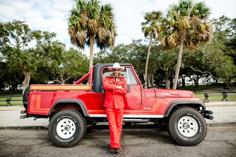 Charleston Beer Can Professor poses with his awesome beard and two 1982 Jeeps