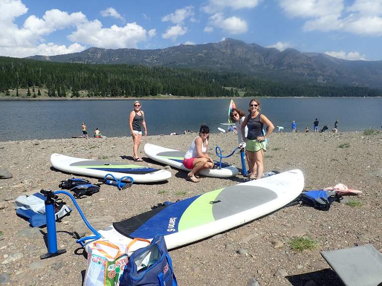 More fun outdoors paddle boarding Hyalite during Montana reunion