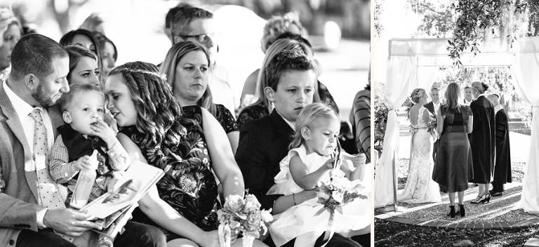 Guests of all ages watch this outdoor Dunes West wedding ceremon