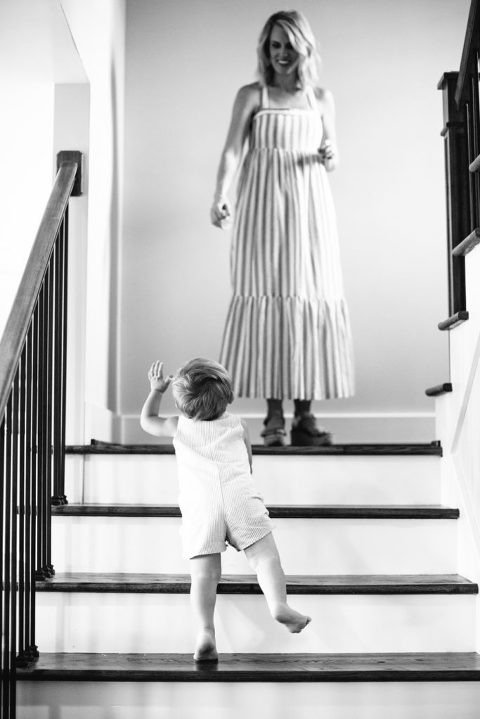 Henry climbs the stairs to his mama on goat island