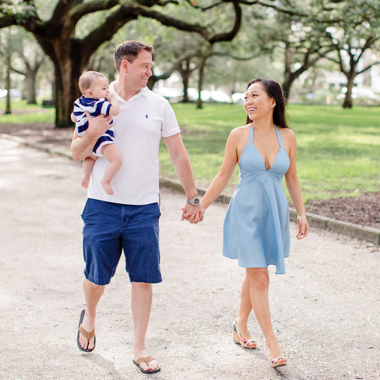 Family photography walk in a Charleston park. 